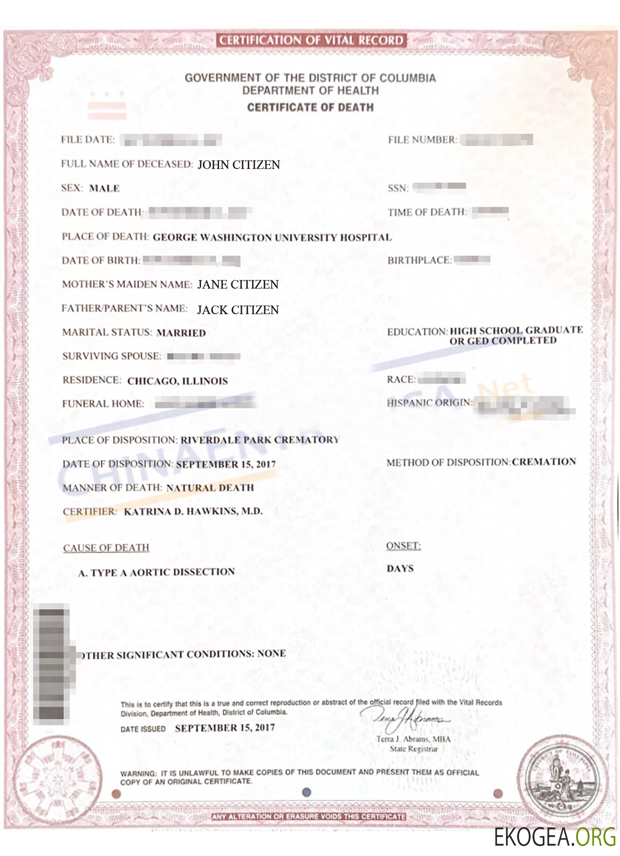 Certificat de décès de Colombie